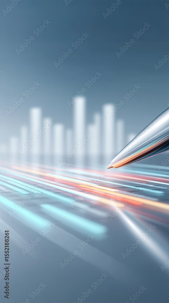 Poster futuristic pen hovering over data streams on laptop screen