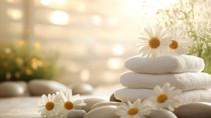 Serene Spa Stacked Towels, Daisies, Stones, Soft Light