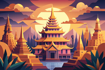 Golden pagodas and ancient Buddhist temples grace the Bangkok skyline at sunset, reflecting Thailand's rich religious culture and architectural grandeur