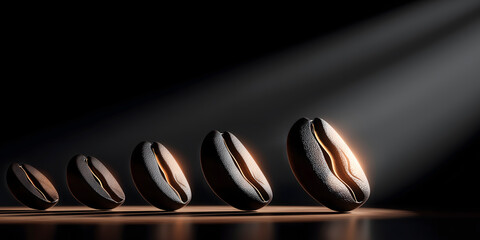 Coffee beans arranged in a line, showcasing varying sizes and textures, illuminated by soft light, creating a dramatic and inviting atmosphere for coffee enthusiasts and connoisseurs