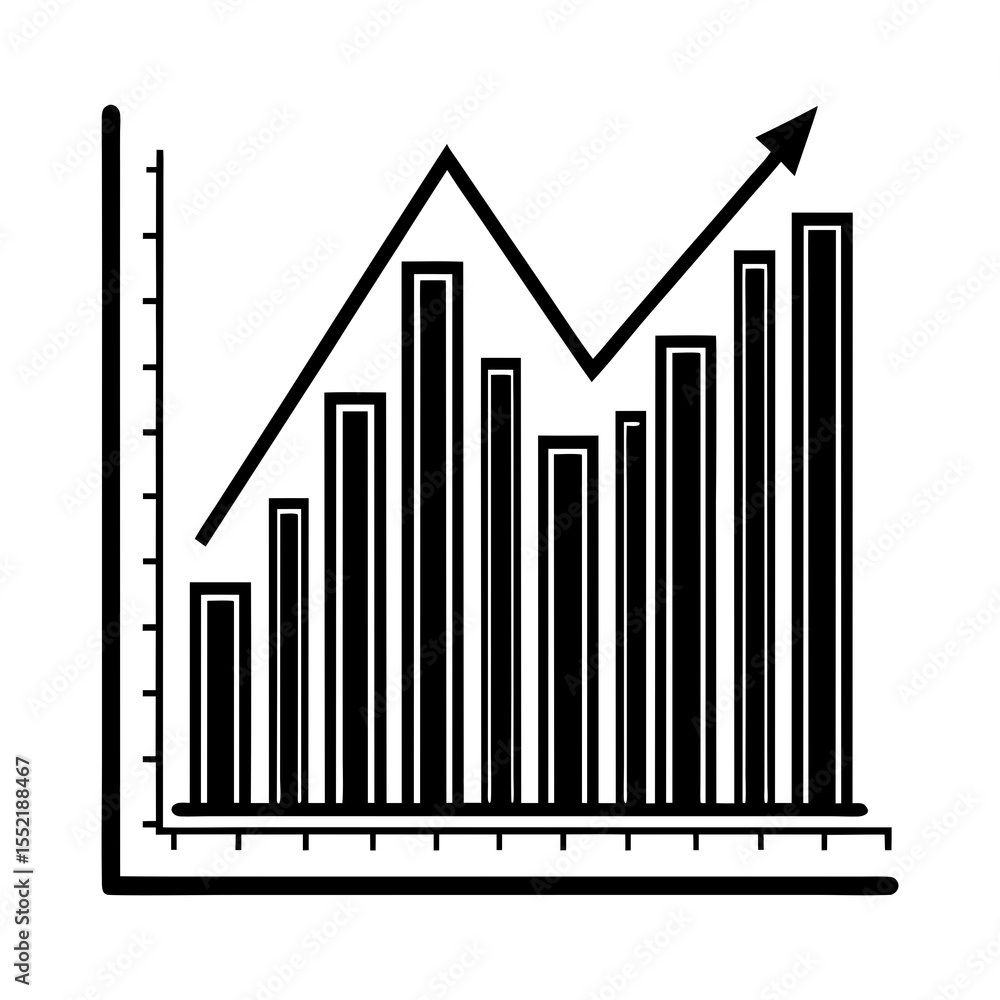 Poster black and white bar chart with an upward trending line graph and arrow indicating growth and progres