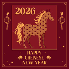 Chinese New Year 2026 Zodiac Sign Horse with lanterns and traditional red design. Symbol of the year. New Year card for social media.