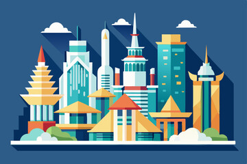 Fototapeta premium Cartoon vector illustration of a fantasy town with buildings, a castle, and a church under a vibrant sky