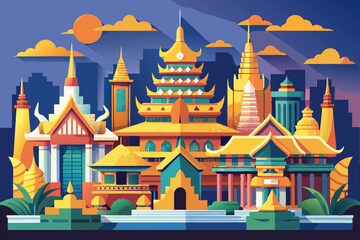 Naklejka premium A golden Thai Buddhist temple resembling a fairy tale castle on a hill, showcasing ancient Asian architecture under a vast sky, ideal for travel and cultural tourism