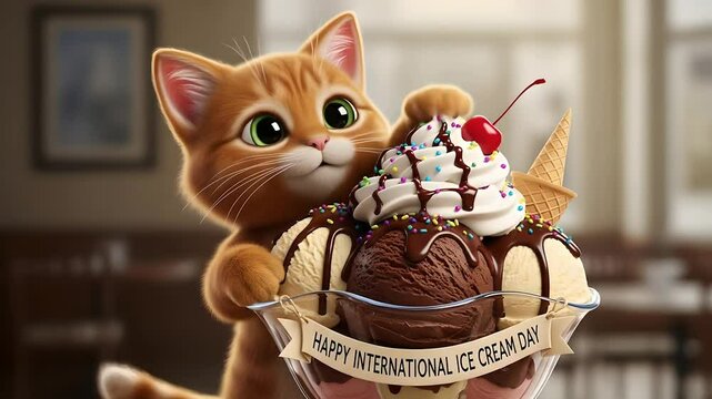 Ginger kitten reaches for a giant ice cream sundae, 'Happy International Ice Cream Day', celebration, dessert, treats, joy, whimsical animation for holiday marketing and social media.