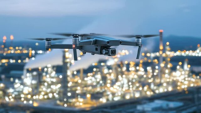Drone with retractable weapons hovering over an LNG pipeline junction, with steam vents and shimmering heatwaves visible