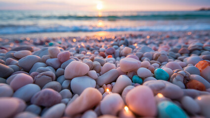Obraz premium Close up of colorful smooth pebbles on a beach at sunset with gentle waves