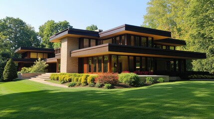Obraz premium A large modern American house with clean architectural lines is surrounded by manicured landscaping