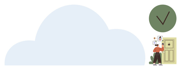 Woman setting up a smart lock on a door, linked with cloud technology and secure verification. Ideal for technology, security, cloud storage, home automation, cybersecurity, privacy, simple flat