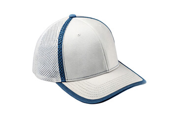 Modern white baseball cap with blue accents and mesh sides isolated on transparent background