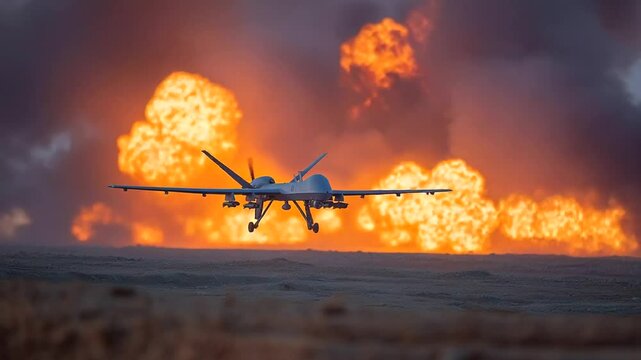 Combat drone soaring over a massive flame flare as thick smoke rises into the crimson dusk sky