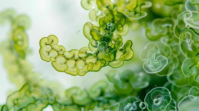 Close-up view of intricate green algae structures showcasing their unique shapes and textures, capturing the beauty of microscopic life in a vibrant aquatic environment.