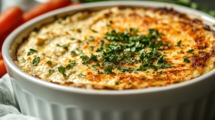 A creamy baked cottage cheese dip is served in a white ramekin, topped with fresh chopped herbs