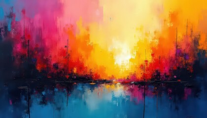 Obraz premium Abstract expressionism painting create a unique abstract backdrop filled with vibrant and contrasting colors such as azure, mandarin, lemon and fuchsia.