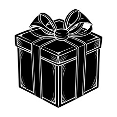 Stylized black and white illustration of a gift box with a bow and ribbon