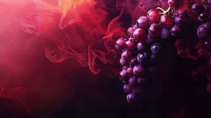 A vibrant bunch of purple and red grapes hangs dramatically against a dark red smoky background