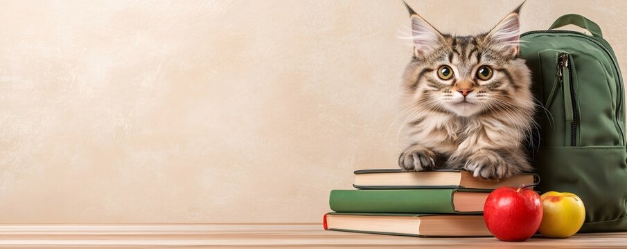 Adorable kitten wearing a backpack and surrounded by books is eagerly preparing for an exciting back-to-school adventure - Powered by Adobe