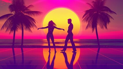 Sunset tropical dance: romantic couple salsa on vibrant beach. Synthwave, vaporwave, retro, 80s vibes - Powered by Adobe