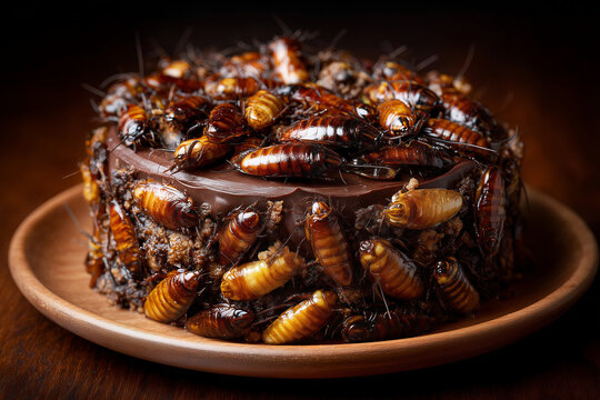Unique chocolate cake topped with crunchy cockroaches, a daring culinary creation that challenges traditional dessert concepts and showcases adventurous flavors