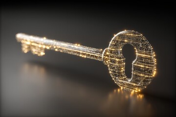 Illuminated key with intricate design against dark background.