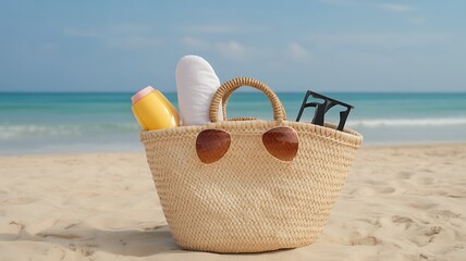 Woven beach bag filled with sunscreen sunglasses and towel on sandy shore
