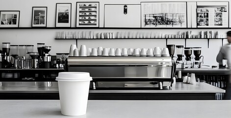 Minimalist coffee shop with modern decor and espresso machine