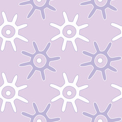 Abstract seamless pattern with shape of the sun, hand drawn African motives. Vector summer illustration. Background in lilac and light purple colors