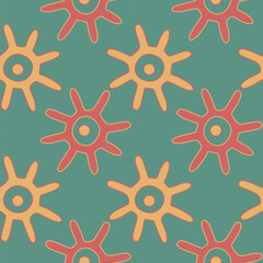 Abstract seamless pattern with shape of the sun, hand drawn African motives. Vector summer illustration. Background in green, red and orange colors