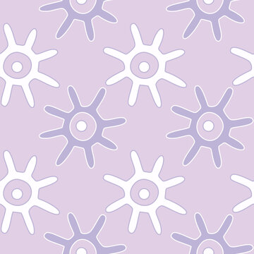 Abstract seamless pattern with shape of the sun, hand drawn African motives. Vector summer illustration. Background in lilac and light purple colors