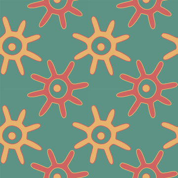 Abstract seamless pattern with shape of the sun, hand drawn African motives. Vector summer illustration. Background in green, red and orange colors