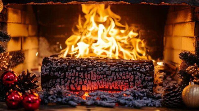 Large yule log burning brightly in a brick fireplace decorated for christmas