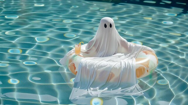 summerween, playful ghost character floating in a pool on a ring with a drink, blending fun and whimsy during a sunny day by the water, perfect for Halloween or party themes