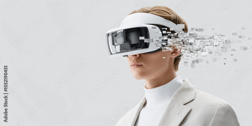 Poster man wearing virtual reality headset, exploring digital world. data particles flow from headset
