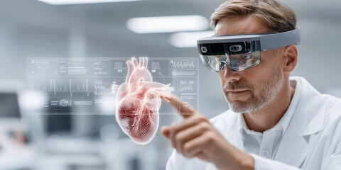 A focused doctor wearing AR glasses examines a heart hologram in a modern lab, merging medicine with advanced tech