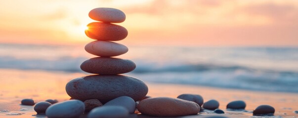 Sunset Serenity Stacked Stones at Dawn Beach