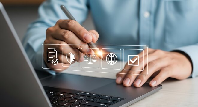 Business professional meticulously reviews important legal documents and compliance regulations on a digital platform for enhanced corporate governance and risk management strategies