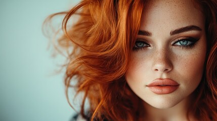 Fototapeta premium A stunning portrait of a young woman with vibrant red hair and bold makeup, showcasing her beauty and confidence with a captivating gaze against a neutral background.