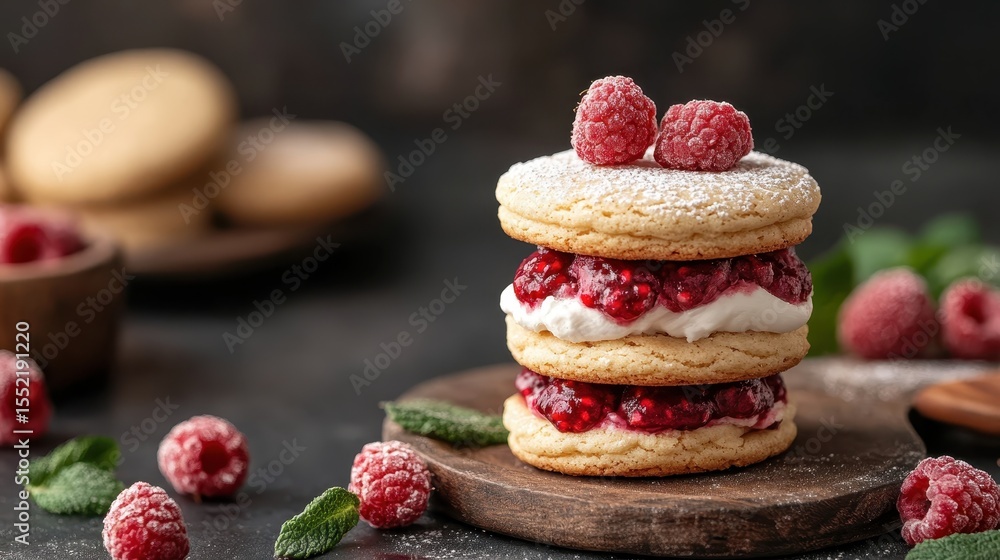 Poster A close-up of stacked raspberry cream cookies, lightly dusted with powdered sugar and garnished with fresh raspberries, showcasing their delicious layers and textures.