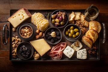 A delightful charcuterie board with an assortment of cheeses, fruits, and nuts, ready to be enjoyed.