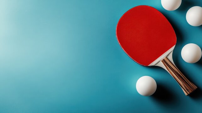 An artistic representation of a ping pong paddle and white balls laid out on a smooth blue tabletop, showcasing the sport's dynamic and playful essence.