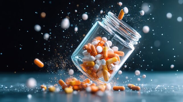 In this vibrant image, a glass jar spills colorful pills, capturing the essence of health, medicine, and the dynamic relationship between human well-being and pharmaceuticals. - Powered by Adobe