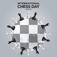 Internationa Chess Day Black And White Color with world map.eps strategic, decision, leader, win, tower, object, isolated, design, checkmate, leadership, wooden, graphic, classic, check, chessboard, p