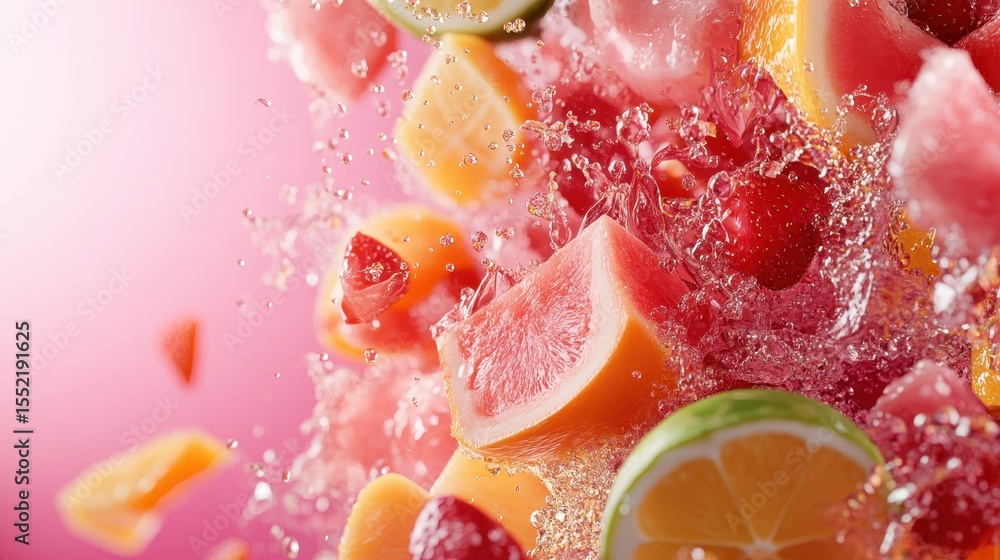 Poster An eye-catching representation of various fresh fruits exploding against a pink backdrop, creating a lively splash that symbolizes freshness and liveliness.