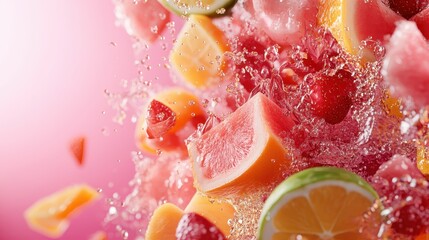 An eye-catching representation of various fresh fruits exploding against a pink backdrop, creating a lively splash that symbolizes freshness and liveliness.