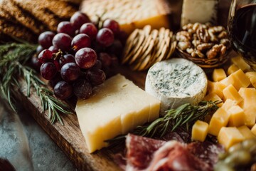 A vibrant cheese board featuring an assortment of cheeses, grapes, and crackers.
