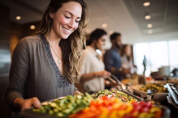 A woman smiles while selecting food at a buffet