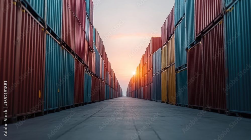 Poster a captivating sunset casts warm light over a row of shipping containers arranged neatly in a stark, 