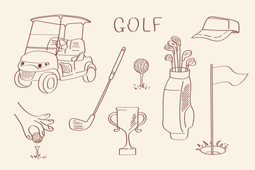 Minimal golf icons: bag, ball, golf cart, cap, club, hand with golf ball, trophy and hand drawn doodle style text. Clean vector set for print projects, e-learning platforms, branding or golf themed pa