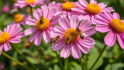 Obraz premium Vibrant pink flowers in full bloom with bees collecting pollen on a sunny day
