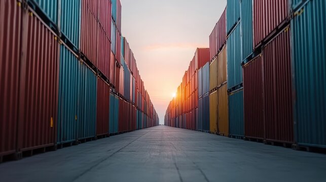 A captivating sunset casts warm light over a row of shipping containers arranged neatly in a stark, industrial dockyard, evoking a sense of vastness and potential.